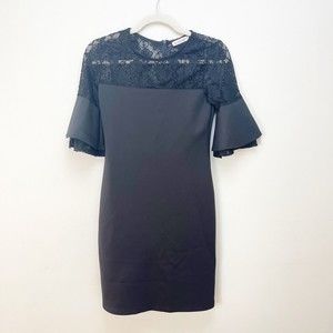 Espenica Black medi bodycon dress ¾ ruffled sleeves Medium Lace details Crew nck